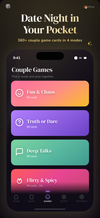 Bonbon love games screen — Fun & Chaos, Truth or Dare and Deep Talks card decks